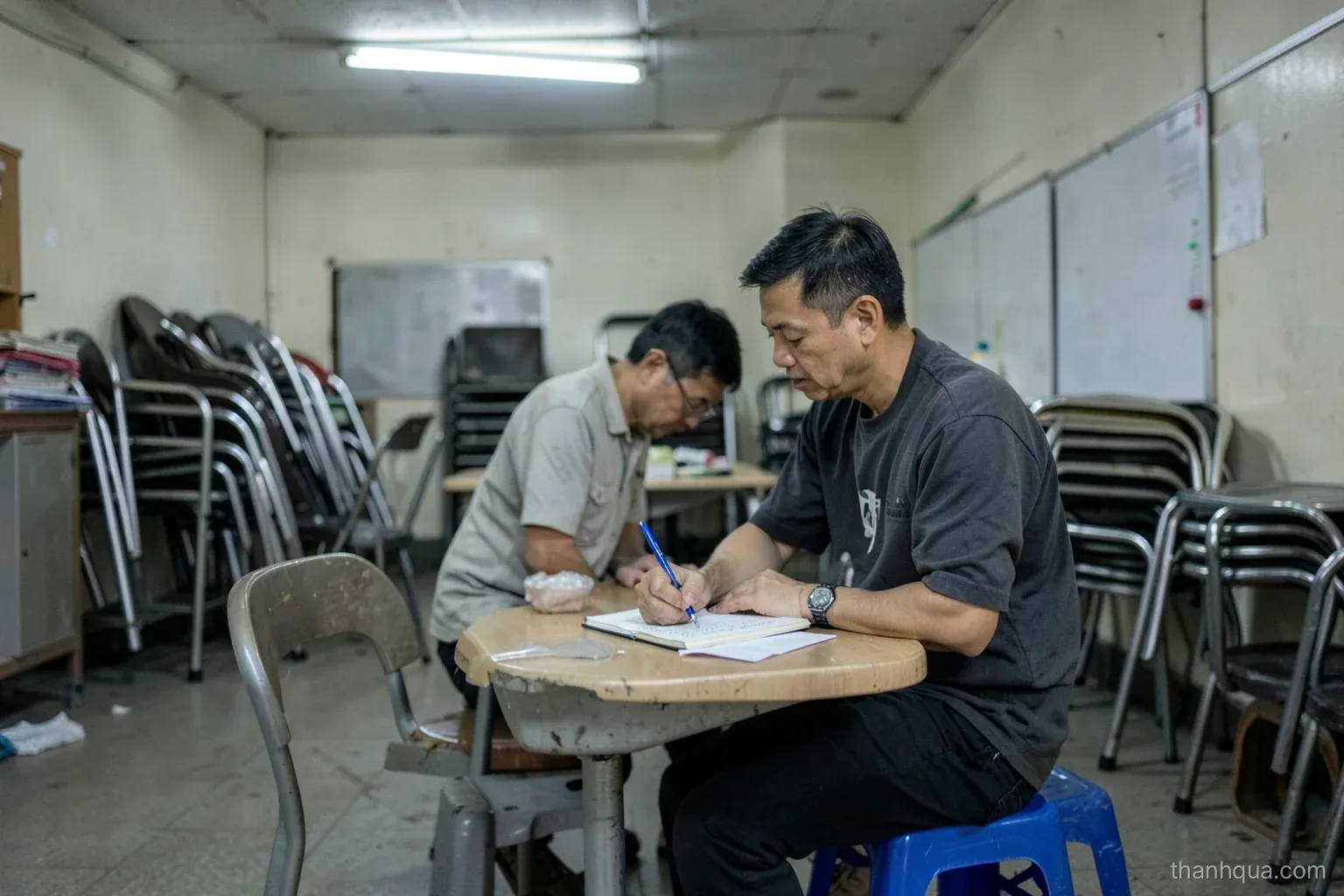 A small noodle shop owner sitting on a plastic stool at an empty table after closing, writing in a notebook while chairs are stacked behind him, overhead fluorescent light