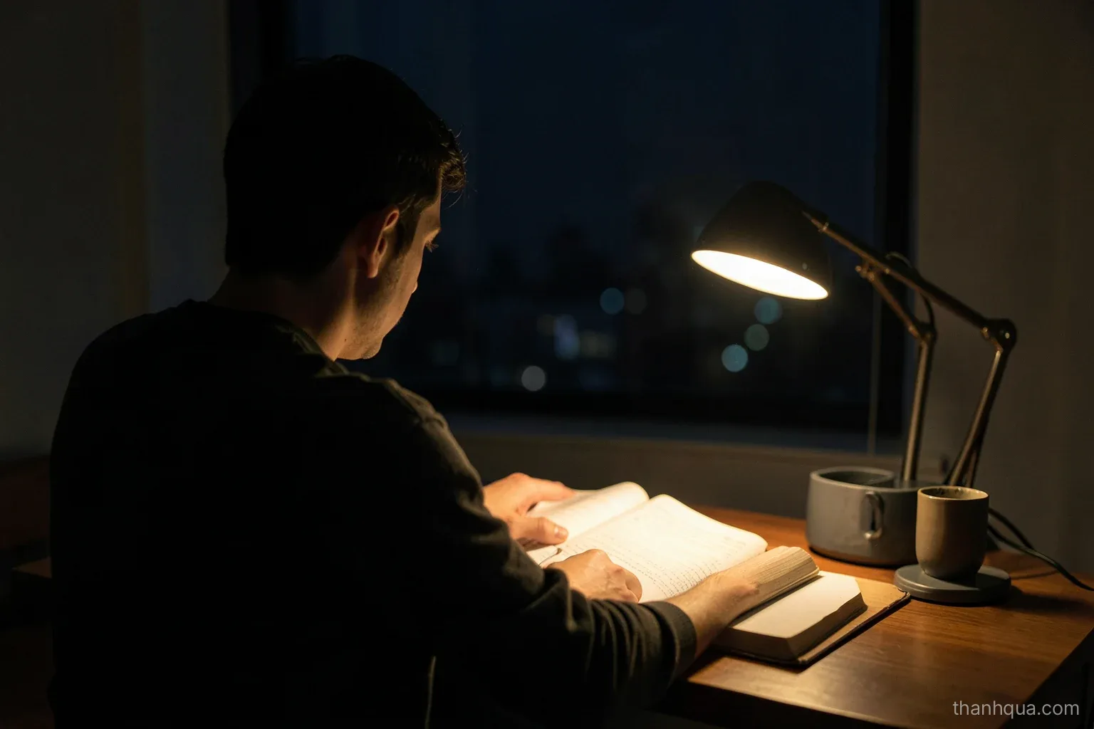 A young man studying at a small desk late at night, seen from behind, a desk lamp lighting a closed textbook and a cup, a city window dark beyond