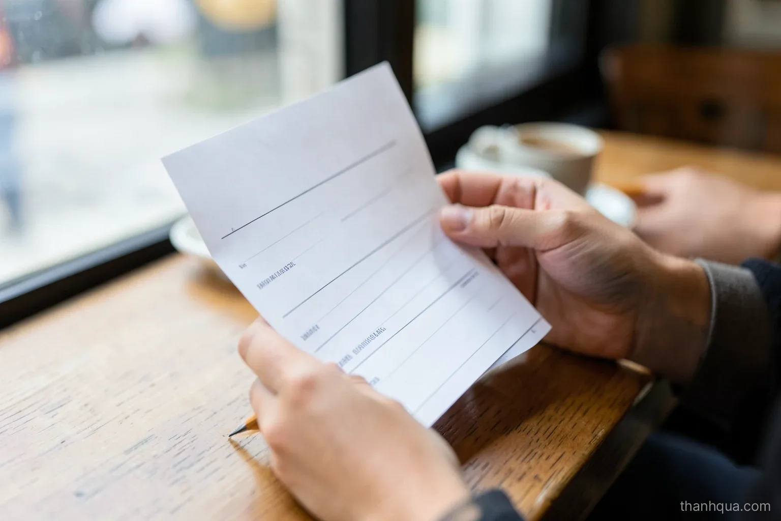 Close-up of a young woman's hands holding a folded blank payslip paper and a pencil at a cafe table near a window, coffee cup out of focus