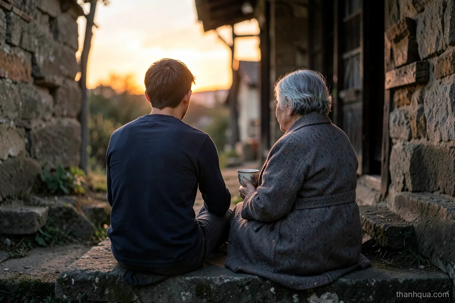 A young man seen from behind sitting on the steps of a rural house at sunset, an older woman beside him holding a cup of tea, faces turned away