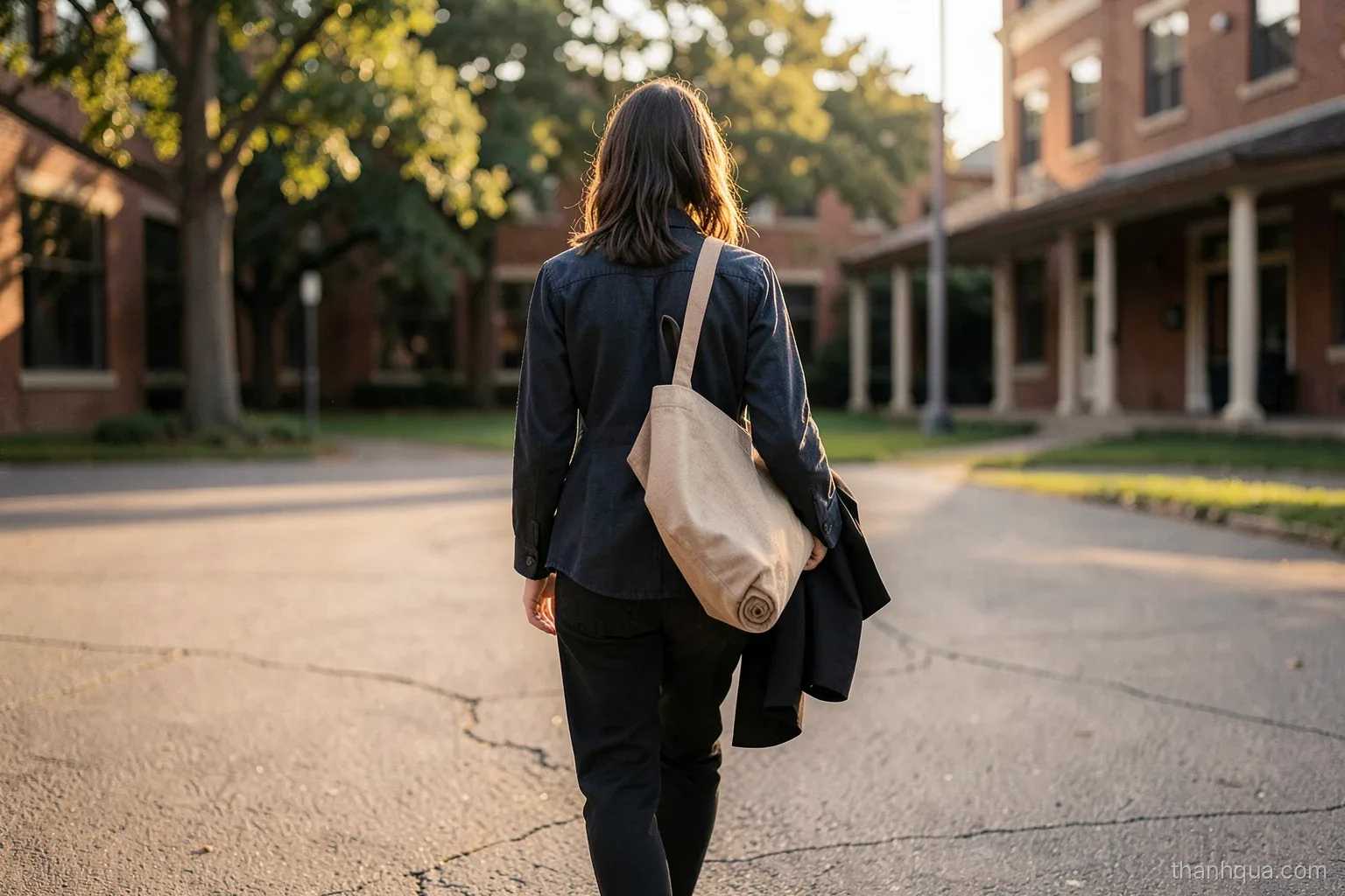 A university student seen from behind walking across an empty campus courtyard at late afternoon, a tote bag on one shoulder and a rolled graduation gown under one arm