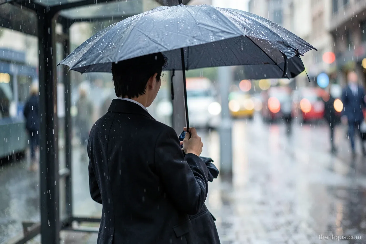 A young office worker seen from behind standing at a bus stop in light rain, holding a closed umbrella and looking at a phone with a dark screen, city street blurred