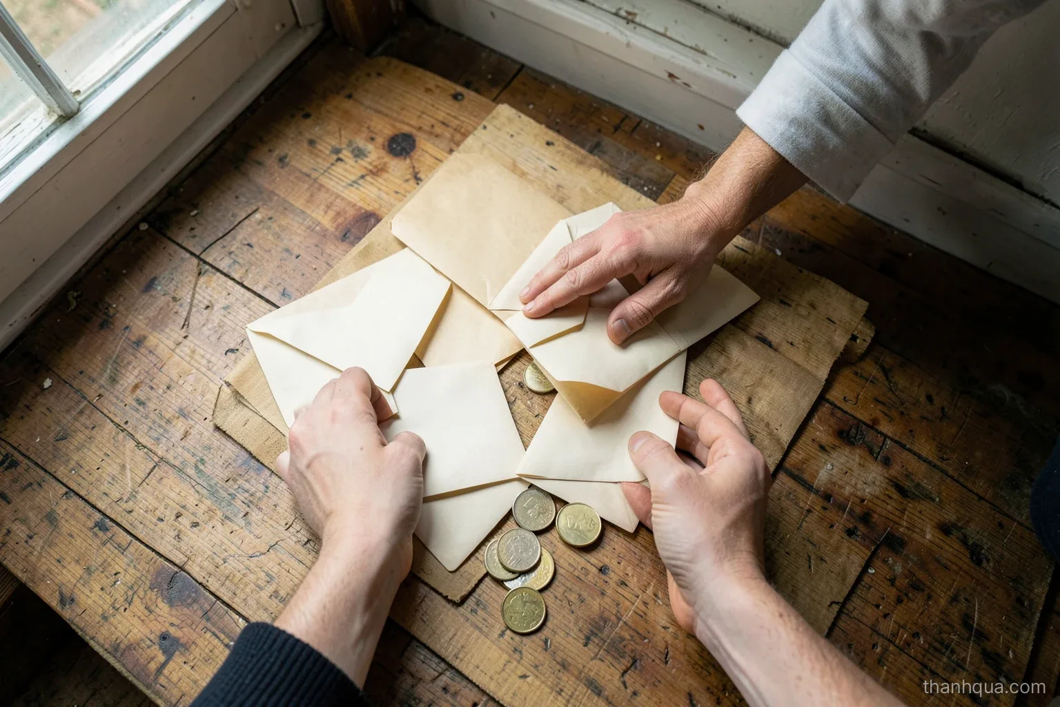 Overhead view of two hands sorting a few plain paper envelopes and coins on a wooden floor mat in a small rented room, morning light from a window